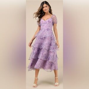 Lulus Oh-So Stunning Purple Floral Organza Tiered Midi Dress